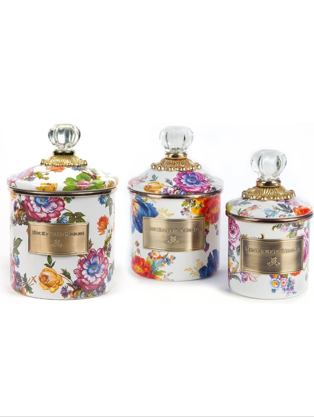 New MACKENZIE-CHILDS Enamel Canister Set, Mini, Demi, Small. White Flower Market